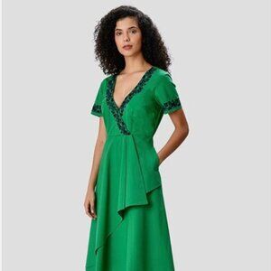 EShakti Floral Embroidery Cotton Poplin Faux-Wrap Dress Green and Navy